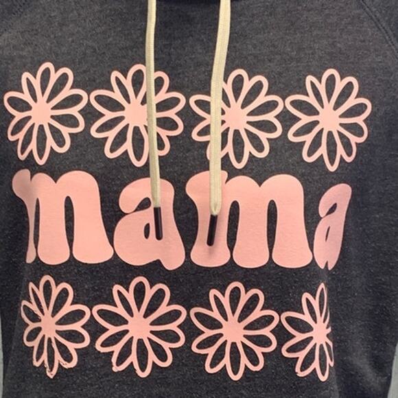 Hand Printed Upcycled Womens Large MAMA Mock Hoodie Front Pocket Sweatshirt - Picture 2 of 5